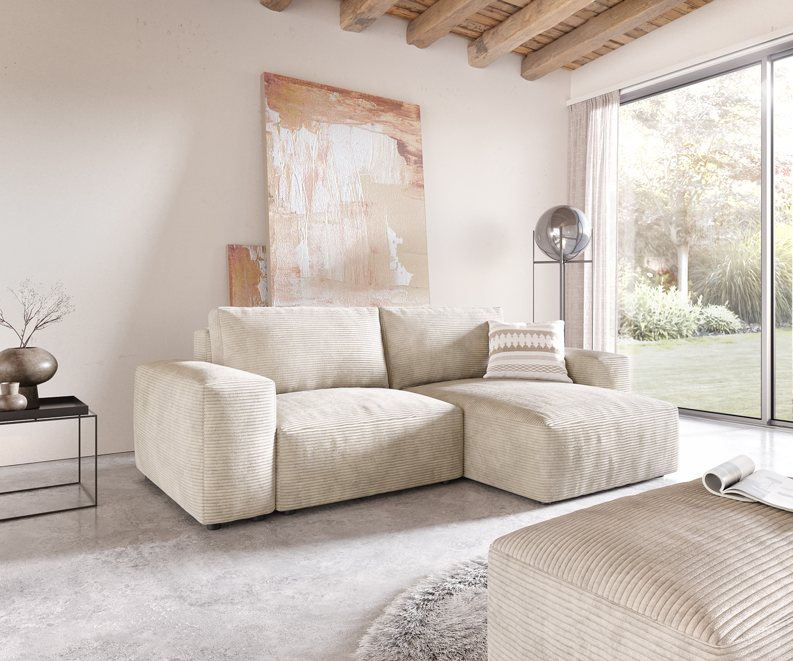 Ecksofa Lanzo L 260x160 cm Cord Beige Recamiere variabel mit Hocker von DELIFE