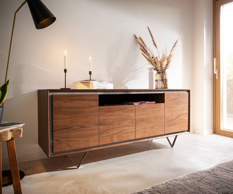 Sideboard Stonegrace 175 cm Akazie Braun Steinfurnier 4 Türen 1 Fach V-Fuß Schwarz von DELIFE