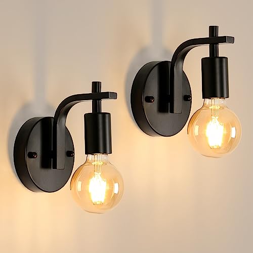 2 Stück Wandleuchte Innen Vintage, Metal Wandlampe Innen Industrial, E27 Wandstrahler Innenbeleuchtung, Schwarz Wandleuchten für Schlafzimmer, Wohnzimmer, Treppen, Flur, Esszimmer (Ohne Leuchtmittel) von DELIPOP