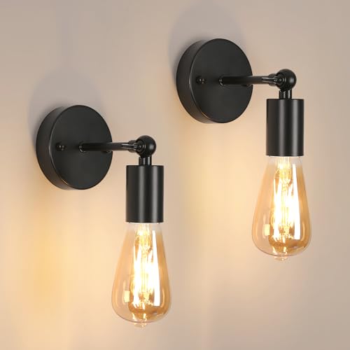 2 Stück Wandleuchte Innen Vintage, 350° Drehbare Metal Wandlampe Innen Industrial, Schwarz E27 Wandstrahler Innenbeleuchtung, Retro Wandleuchten für Schlafzimmer, Wohnzimmer, Treppen, Flur, Esszimmer von DELIPOP