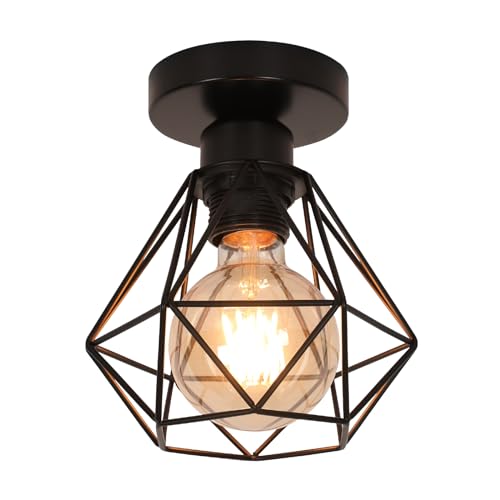 DELIPOP Deckenlampe Retro, E27 Deckenleuchte vintage industrial, Pendelleuchte Deckenleuchten aus Eisen Käfig, Lampenschirm Innenbeleuchtung für Flur Studie Küche Büro Schlafzimmer, Schwarz, Ø 16 cm von DELIPOP