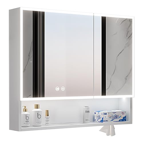 DELURA Spiegelschrank Bad mit LED Beleuchtung, Badezimmer spiegelschrank mit 2 Türen,badschrank mit Spiegel, Hängeschrank,badspiegel, Anti Nebel (Color : WH, Size : 60x13x70cm/23.6x5x27.6in) von DELURA