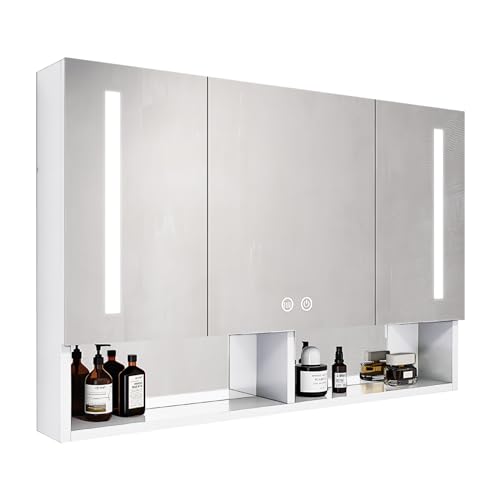 Spiegelschrank Bad mit Beleuchtung 90 x 68cm Breit, Antibeschlag-Badezimmerspiegelschrank mit Licht, 3 Drehtüren LED Spiegelschrank mit Touch Dimmer (Color : White) von DELURA