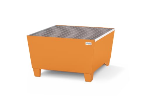 DENIOS® Auffangwanne aus Stahl | mit verzinktem Gitterrost | Stahl | orange | für 1 Fass à 200 Liter | 217 Liter | 815 x 885 x 473 mm | Arbeitssicherheit Notfall-Umweltschutz-Produkte von DENIOS