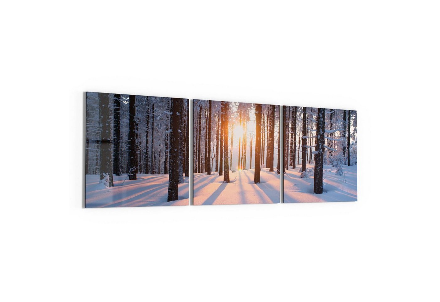 DEQORI Glasbild 'Abendsonne im Winterwald', 'Abendsonne im Winterwald', Glas Wandbild Bild schwebend modern von DEQORI