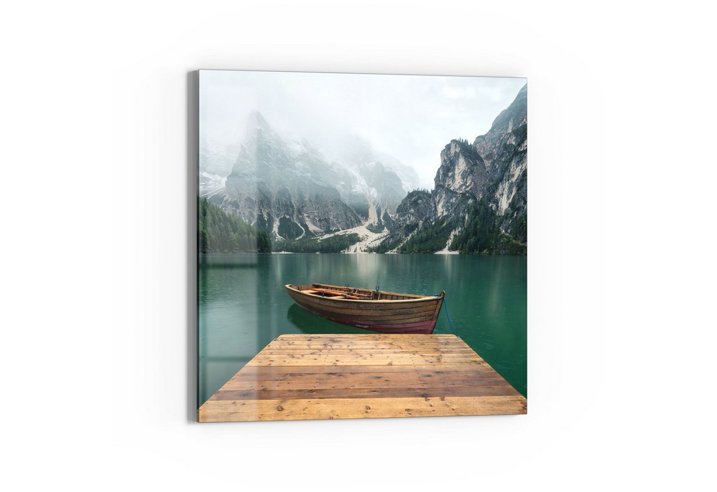 DEQORI Glasbild 'Bergsee und Bootsteg', 'Bergsee und Bootsteg', Glas Wandbild Bild schwebend modern von DEQORI