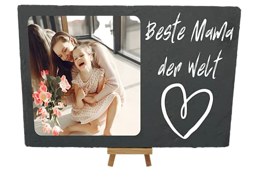 Personalisierte Schieferplatte "Beste Mama der Welt" - Muttertagsgeschenk - Schiefertafel personalisiert - Dein Foto auf Deine Schieferplatte - Schiefertafel mit Standfuß -Zum Aufstellen (Variante 1) von DER WERBEMARKT