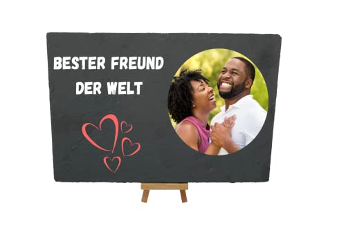 Personalisierte Schieferplatte - Valentinstags Geschenk - Schiefertafel personalisiert - Dein Foto auf Deine Schieferplatte - Schiefertafel mit Standfuß -Zum Aufstellen (1 Bild rund, Freund) von DER WERBEMARKT