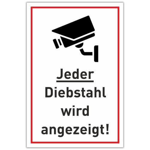 Schild Videoüberwachung 30cm x 20cm hergestellt aus robustem PVC stoß und kratzfest Warnschild in Weiß/Schwarz Hinweisschild "Jeder Diebstahl wird angezeigt" mit UV-Schutz" von DER WERBEMARKT