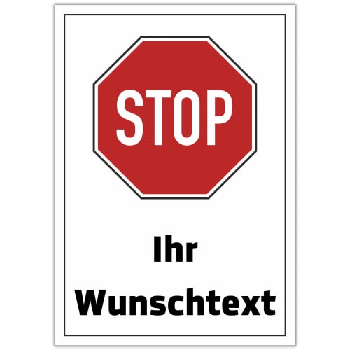 Stop Schild Ihr Wunschtext personalisierbar 30cm x 20cm/DIN A3 hergestellt aus robustem Aluminium/PVC/Aufkleber mit Wunsch-Text personalisieren selbstklebende Rückseite (WEISS 42cm x 29,7cm PVC) von DER WERBEMARKT