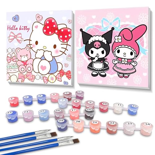 Malen Nach Zahlen Kawaii Cartoon 2 Pack,Malen Nach Zahlen Erwachsene mit Rahmen,DIY Handbemalte Kits,Painting by Numbers with Frame,Geschenk für Erwachsene,Anfänger,Kinder,Home Haus Deko,20x20 cm von DEVOKE