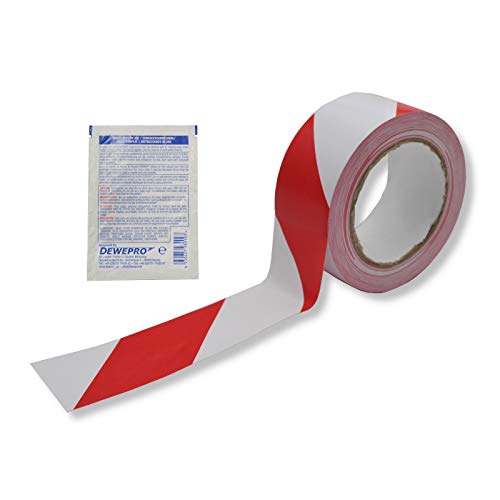 DEWEPRO ROCOL® EasyTape™ Markierungsband Rot/Weiß gestreift 50mm x 33m - hoch belastbares, selbstklebendes PVC-Band - inkl. 1 St SingleScrubs von DEWEPRO