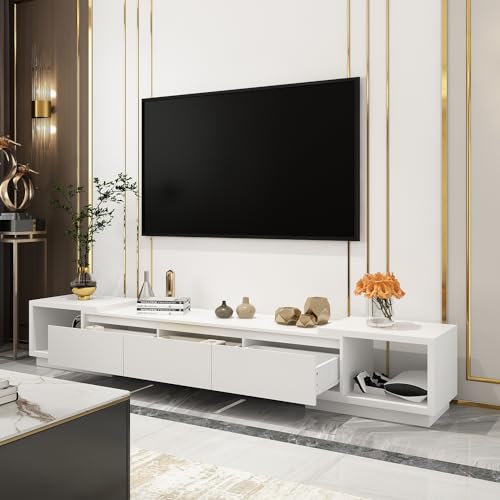 DEZAGCE Verstellbares TV Schrank TV-Lowboard,160 cm- 270cm Breit Lowboard Weiß für Fernseher,Fernsehtisch mit 3 Schubladen,Tv Board,Tv Tisch,Tv Bank mit Linke und Rechte Seite verstellbar,Wohnzimmer von DEZAGCE