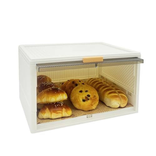 Geräumiger Brotkasten, Stapelbarer Brotbox Brotkästen 36 x 28 x 21 cm Aufbewahrungsbox mit Hochklappbare Schranktüren, mit 20PCS Brotpapier, für Langanhaltende Frische (1 pack,White) von DFEO@MF