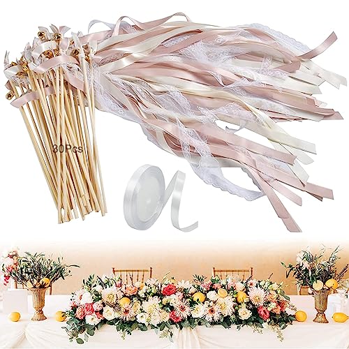 Wedding Wands 30 Stück, Hochzeitsstäbe mit Glöckchen, Wedding Wands Hochzeit Mit Glocke Band Zauberstäbe Hochzeit Luftschlangen für Hochzeit Beste Wünsche Geburtstag Requisiten Party Favors (Rosa) von DGUSO