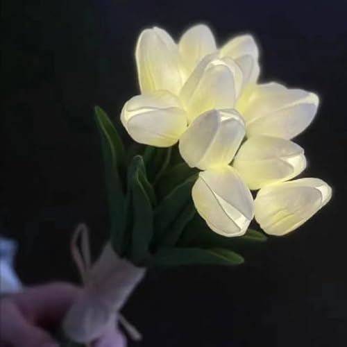 DINOWIN LED Künstliche Tulpen Gefälschte Tulpen Blumen batteriebetrieben Blumensträuße Nachtlicht wie echt für Home Room Hochzeit DIY Dekor (Weiß, 10 PCS) von DINOWIN