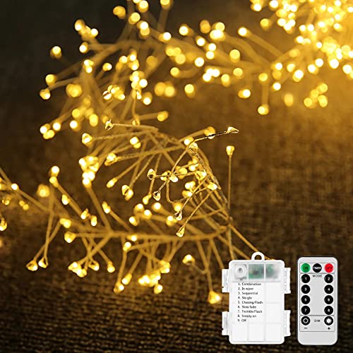DINOWIN Led Büschel Lichterkette 9.8Ft 100 LED Cluster Kupferdraht Lichterkette Batterie Strombetrieben mit 8 Modi Fernbedienung für Weihnachtsbaum Schlafzimmer Feste Hochzeiten (Warmweiß) von DINOWIN