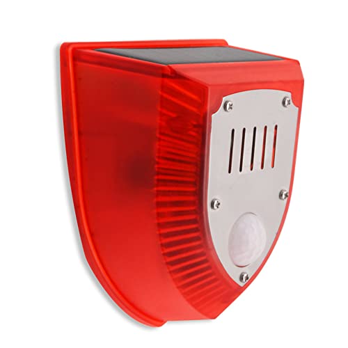 DINOWIN Solar Alarm Licht, Wasserfest PIR Bewegungsmelder Alarm 129dB laut Sicherheit Alarmanlage Mit Schussgeräuschen und Hundegebell-Soundeffekten (Rot) von DINOWIN