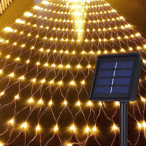DINOWIN Solar LED Lichternetz Außen 1.5 x 2M 120 LED Lichterkette Netzlicht Mesh Lichtervorhang 8 Modi Baum Lichterkette für Party Garten Balkon Hochzeit Geburstag Weihnachten (Warmweiß) von DINOWIN