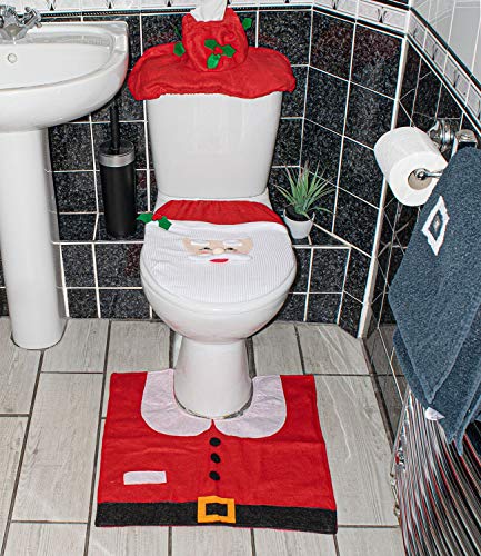 Christmas Decorations 3 Piece Set Festive Toilet Seat Cover Tank & Carpet Bathroom Decoration Set von DIVCHI