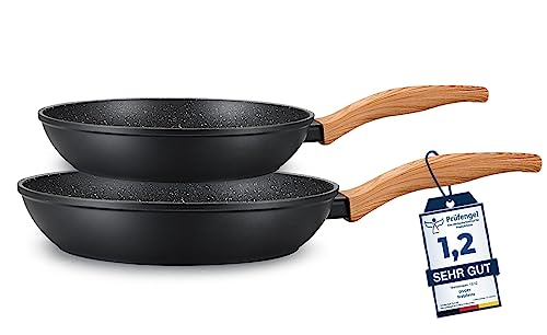 DIVORY Pfannenset 2-teilig Pfanne 24cm, 28cm Induktion – Antihaft Beschichtete große Universalpfanne für alle Herdarten - Sichere Griffe, Spülmaschinen geeignet (Griff: Helle Holzoptik) von DIVORY