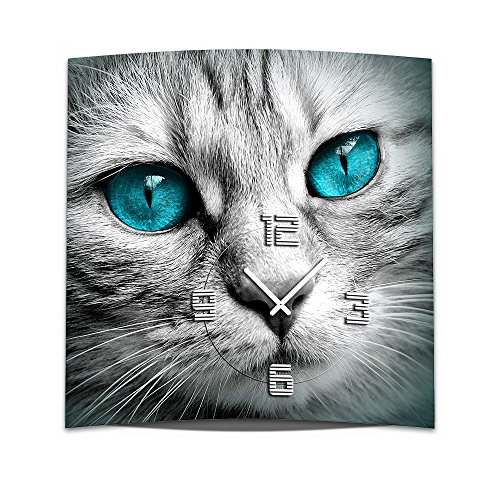 dixtime Wanduhr XXL 3D Optik Blaue Augen Katze 50x50 cm leises Uhrwerk GQ-015 von dixtime