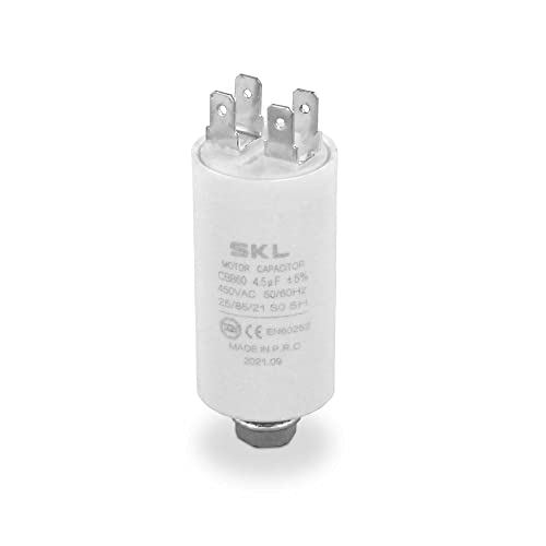 DL-pro Kondensator Motorkondensator 4,50µF 450V Ø30x57mm Universal mit 6,3mm AMP Steckfahnen und Befestigungsschraube M8 CBB60 Anlaufkondensator Motorstartkondensator für elektrische Hausgeräte von DL-pro