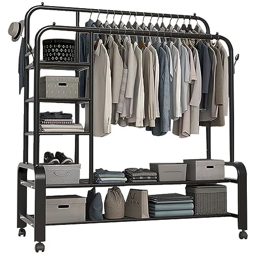 DODOBD Kleiderständer aus Metall, Multifunktionale Kleiderständer mit Rollen, Schlafzimmer, Kleiderstange, bis 100kg Belastbar, 360°Drehbare, für Flur, Eingangs: 120CM/140CM*50CM*135CM von DODOBD