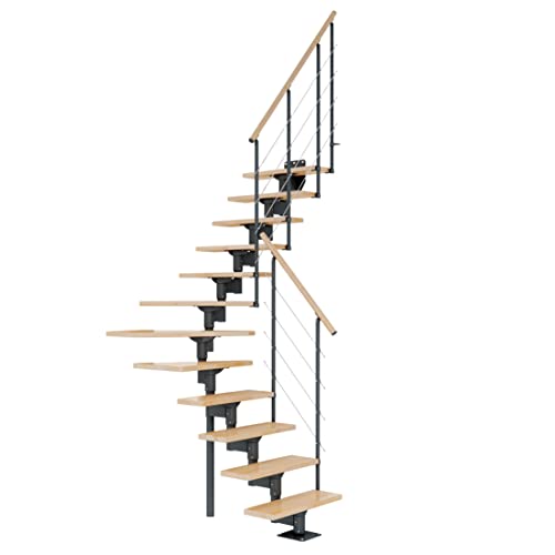 DOLLE Mittelholmtreppe - 11 Stufen - Geschosshöhe 228 – 300 cm - ¼-gewendelt - Buche, lackiert - Unterkonstruktion: Anthrazit (RAL 7016) - volle Stufen 70 cm - inkl. Geländer - Nebentreppe von DOLLE