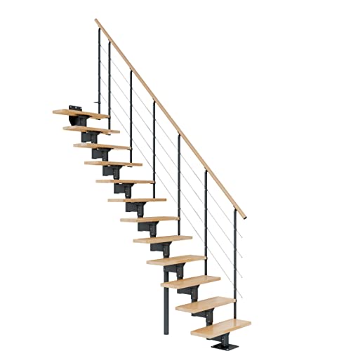 DOLLE Mittelholmtreppe - 11 Stufen - Geschosshöhe 228 – 300 cm - Geradelaufend - Stufen Buche, lackiert - Unterkonstruktion: Anthrazit (RAL 7016) - volle Stufen 70 cm - inkl. Geländer - Nebentreppe von DOLLE