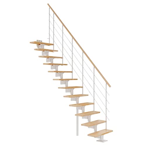 DOLLE Mittelholmtreppe - 11 Stufen - Geschosshöhe 228 – 300 cm - Geradelaufend - Stufen Buche, lackiert - Unterkonstruktion: Weiß (RAL 9016) - volle Stufen 70 cm - inkl. Geländer - Nebentreppe von DOLLE