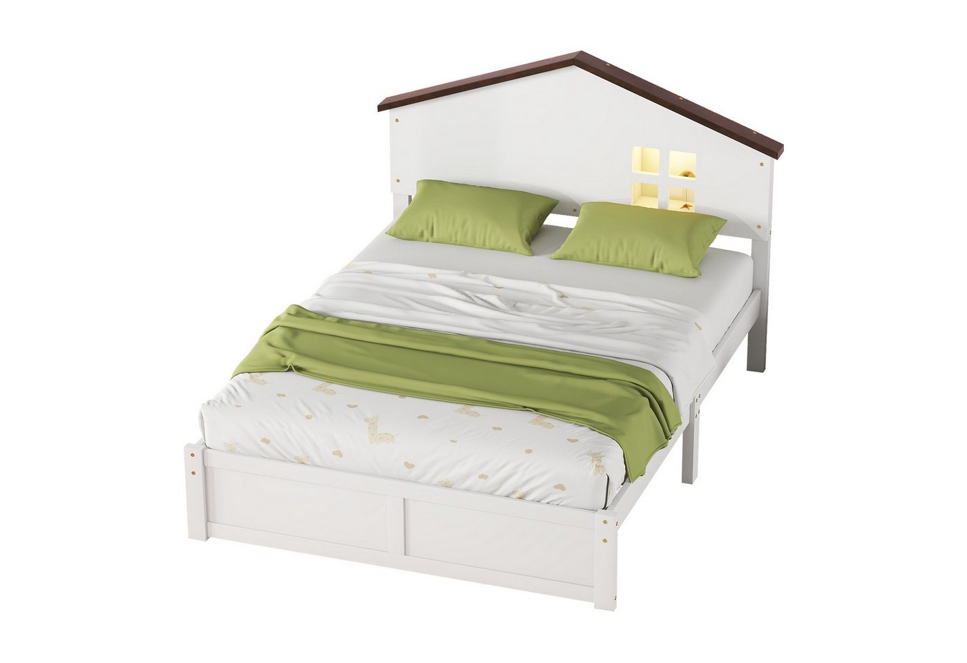 DOPWii Bett 140*200cm Hausförmiges Kinderbett,FlachesBett,Kleine Fensterdekoration, mit LED-Nachtlicht,Massivholz,Holzfarbe,Weiß/Holzfarbe von DOPWii