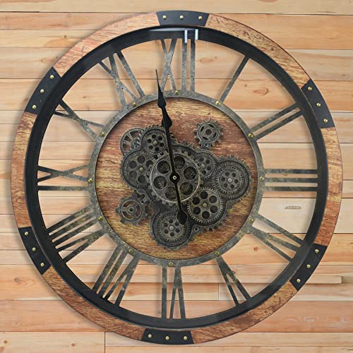 DORBOKER 68CM Große Vintage Wanduhr mit Beweglichen Zahnrädern, Retro Holz-Metallskelett, Gehärtete HD-Glasabdeckung, XXL Antike Steampunk Industriell Wanduhr für Büro Wohnzimmer Bar (Braun) von DORBOKER