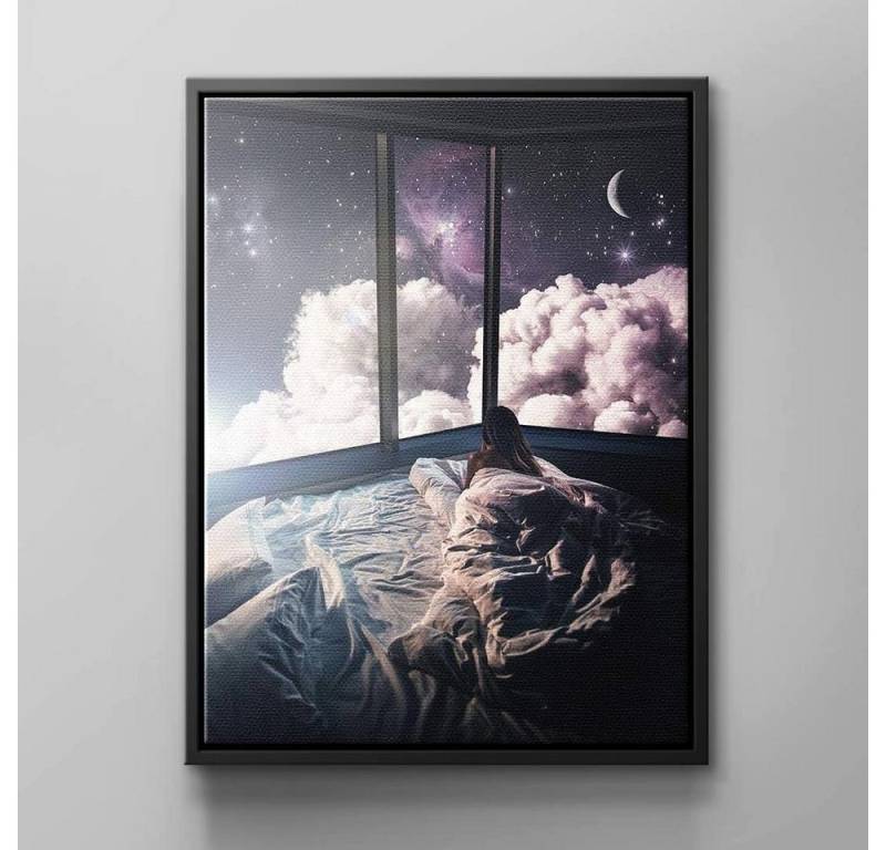 DOTCOMCANVAS® Leinwandbild Bedroom Dream, Wandbild Himmel Bett Mädchen Galaxie Rosa Schwarz Weiß Bedroom Dream von DOTCOMCANVAS®