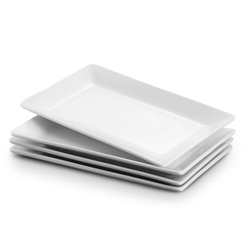 DOWAN Servierplatte Porzellan, 24,6 x 13,7 cm Servierplatten Rechteckig 4 Stück, Große Weiße Dessertteller für Buffets, Sushi, Kuchen, Vorspeisen zu Hause/im Restaurant von DOWAN