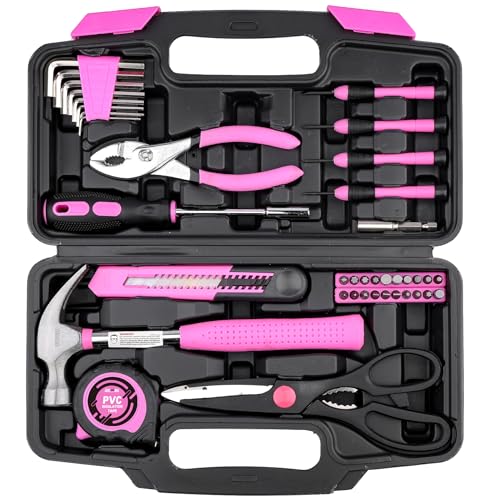 DOWELL 40 Stück Heimwerkzeugsatz Allgemeines Haushaltshand-Pink-Werkzeugset mit Kunststoff-Werkzeugkasten Aufbewahrungskoffer für Zuhause, Mini-Werkzeugsatz für Frauen von DOWELL