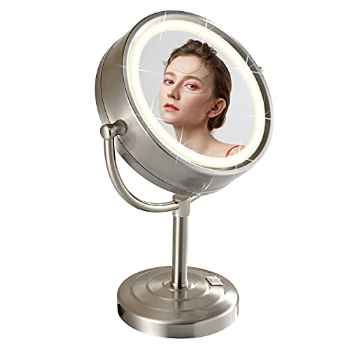 DOWRY Kosmetikspiegel Stehend mit Licht 3 Farben Lichtern Vergrößerungsspiegel 7fach LED Kosmetikspiegel mit Stecker Rasierspiegel mit Vergrößerung Doppelseitiger Spiegel,Ø21.5 cm von DOWRY