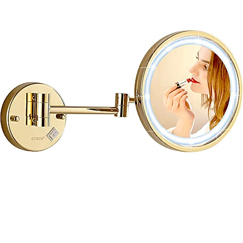 DOWRY Kosmetikspiegel mit Beleuchtung Wandmontage Gold Schminkspiegel mit 10X Vergrößerung 3 Farben Lichtern 360° Schwenkbar Erweitert Vergrößerungsspiegel mit Licht,Ø21.5 cm von DOWRY