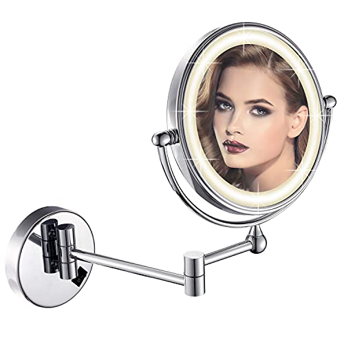 DOWRY Kosmetikspiegel mit Beleuchtung,Vergrößerungsspiegel 7X,Schminkspiegel Wandmontage,Doppelseitiger Spiegel,Chrom,Ø20 cm von DOWRY