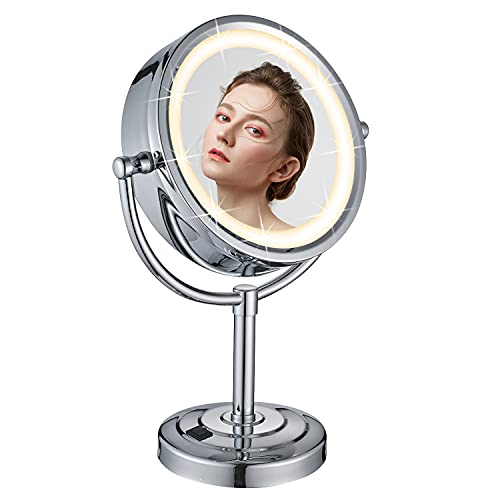 DOWRY Schminkspiegel mit Beleuchtung 1x/7x LED Kosmetikspiegel Stehend Vergrößerungsspiegel mit Licht Tischspiegel Chrom Doppelseitiger Spiegel,Durchmesser 21.5cm von DOWRY