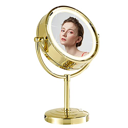 DOWRY Kosmetikspiegel mit Beleuchtung Stehend Tischspiegel Gold 3 Farben Lichtern Vergrößerungsspiegel mit Licht 1x/7x 360° Schwenkbar Doppelseitige Spiegel,Ø21.5 cm von DOWRY