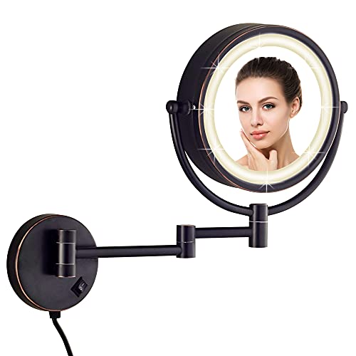 DOWRY Wand Kosmetikspiegel mit Beleuchtung 3 Dimmbare Farben Vergrößerungsspiegel mit Licht 5X Doppelseitiger Spiegel,Ø20CM von DOWRY