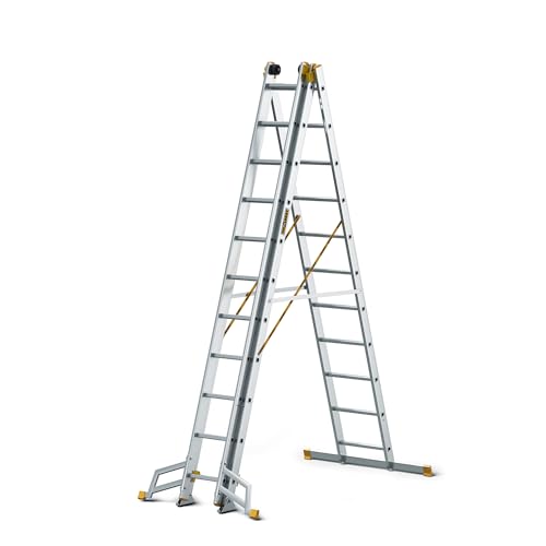DRABEST - MAX Aluminium Profi Leiter - 3 x 11 Stufen - rutschfeste Sprossen - 7,61 m lang - bis 150 kg - 3-teilig - für Baustelle - Mehrzweck-, Steh-, Auszieh-, Klapp-, Treppenleiter - Verstellbar von DRABEST