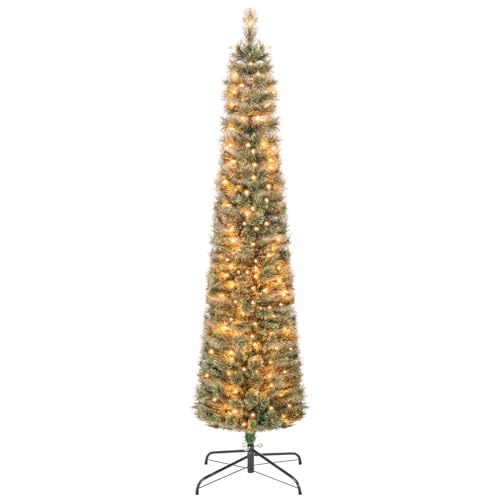 DREAMADE 180 cm Künstlicher Weihnachtsbaum mit Beleuchtung, Schlanker Tannenbaum mit 105 LED-Lichter & 235 Spitzen, PVC-Kunstbaum für Weihnachten, Christbaum mit Metallständer von DREAMADE