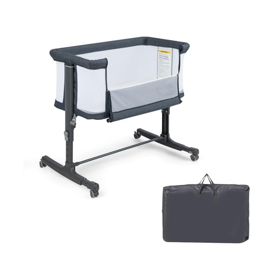 DREAMADE 2 in 1 Beistellbett & Babywiege, 5-stufig Höhenverstellbar Reisebett mit Matratze & Rollen, 86 x 63cm Beistellbett Baby ab Geburt bis 9 kg, 10° Neigung Babybett (Modell 2-Dunkelgrau) von DREAMADE