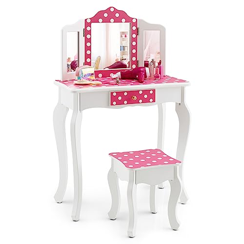 DREAMADE 2 in 1 Schminktisch Kinder mit Hocker und Abnehmbarer Spiegel, Prinzessin Frisiertisch mit Schublade Kosmetiktisch aus Holz, Kinderschminktisch für mädchen (Pünktchenmuster) von DREAMADE