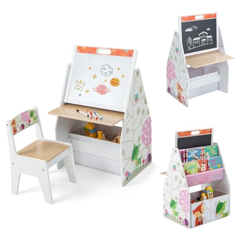 DREAMADE 3 in 1 Kindersitzgruppe, Kinder Tisch Stuhl Set mit magnetischem Whiteboard, Kreidetafel, Bücherregal & Stoffbehälter, multifunktionales Aktivitätstisch Set für Kinder(Weiß) von DREAMADE