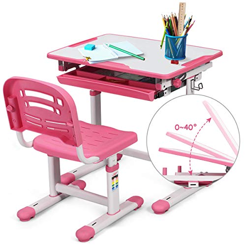 DREAMADE höhenverstellbarer Kinderschreibtisch, Schülerschreibtisch Jugendschreibtisch neigungsverstellbar, Schreibtisch Set für Kinder mit Stuhl und Schublade (Pink) von DREAMADE