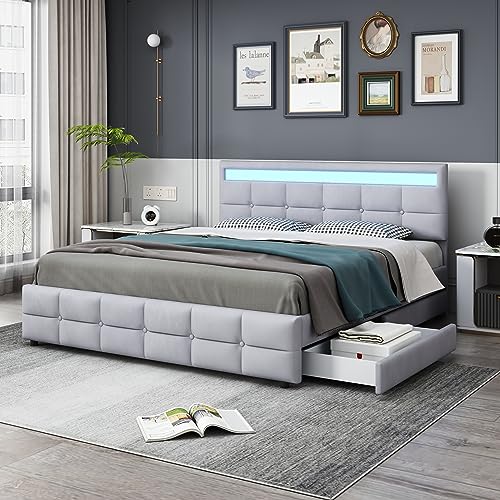 DRIXNO Bett 180x200 Led mit 4 Schubladen Betten mit Lattenrosten Polsterbett Multifunktionsbett Gray Hautfreundlichem Samtstoff von DRIXNO