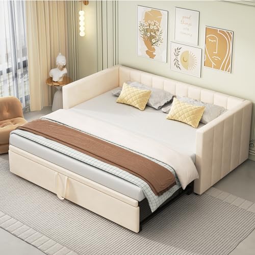 DRIXNO Bett 90/180x200 Ausziehbares Schlafsofa Bed Betten mit Lattenrosten Polsterbett Multifunktionsbett Beige Hautfreundlichem Samtstoff von DRIXNO